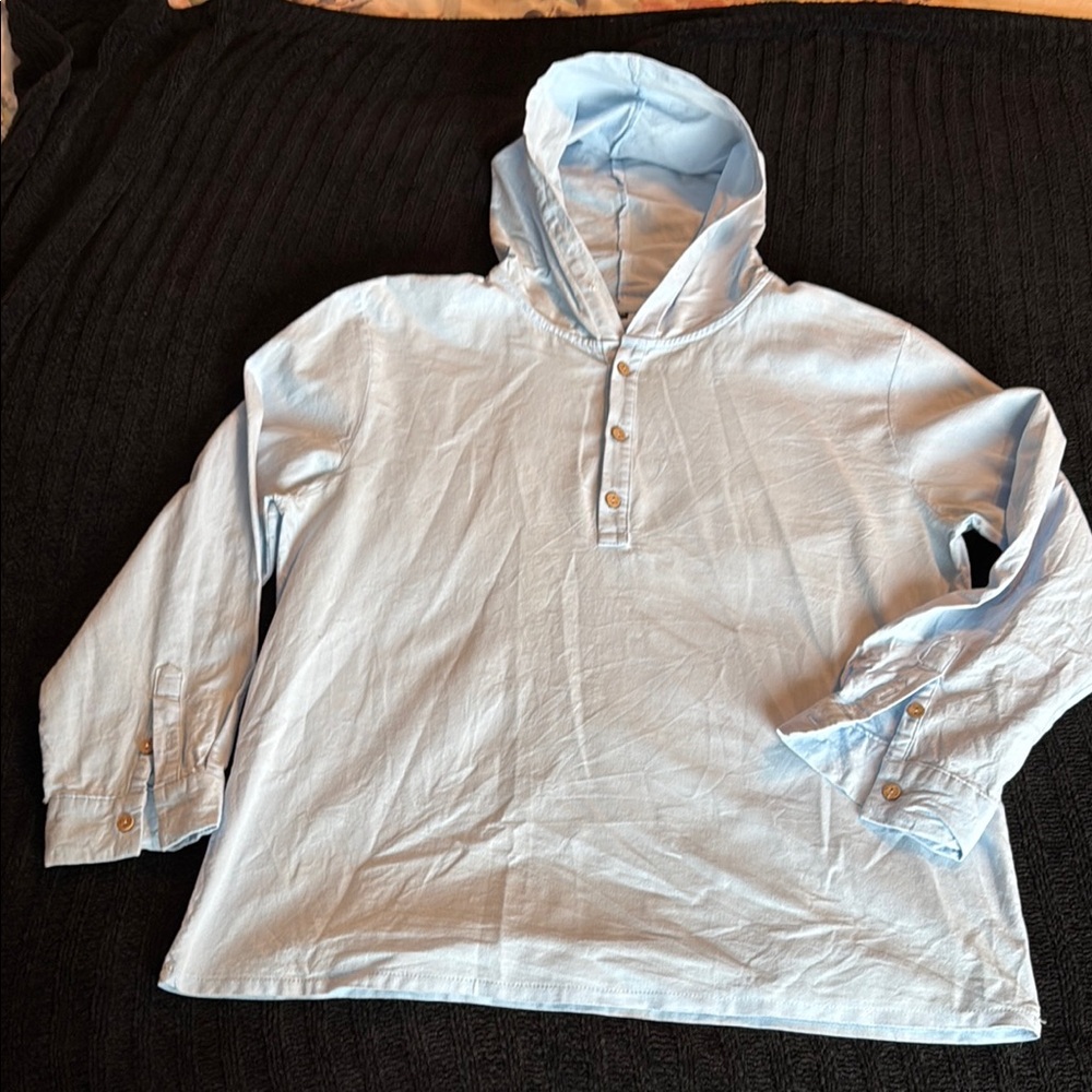 Light Baby Blue Hooded Linen Shirt with Button Details